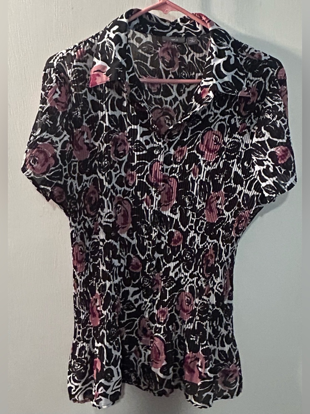 Apt 9 Black Floral Short-Sleeve Button Front Women's Top - Pink Rose Size XL